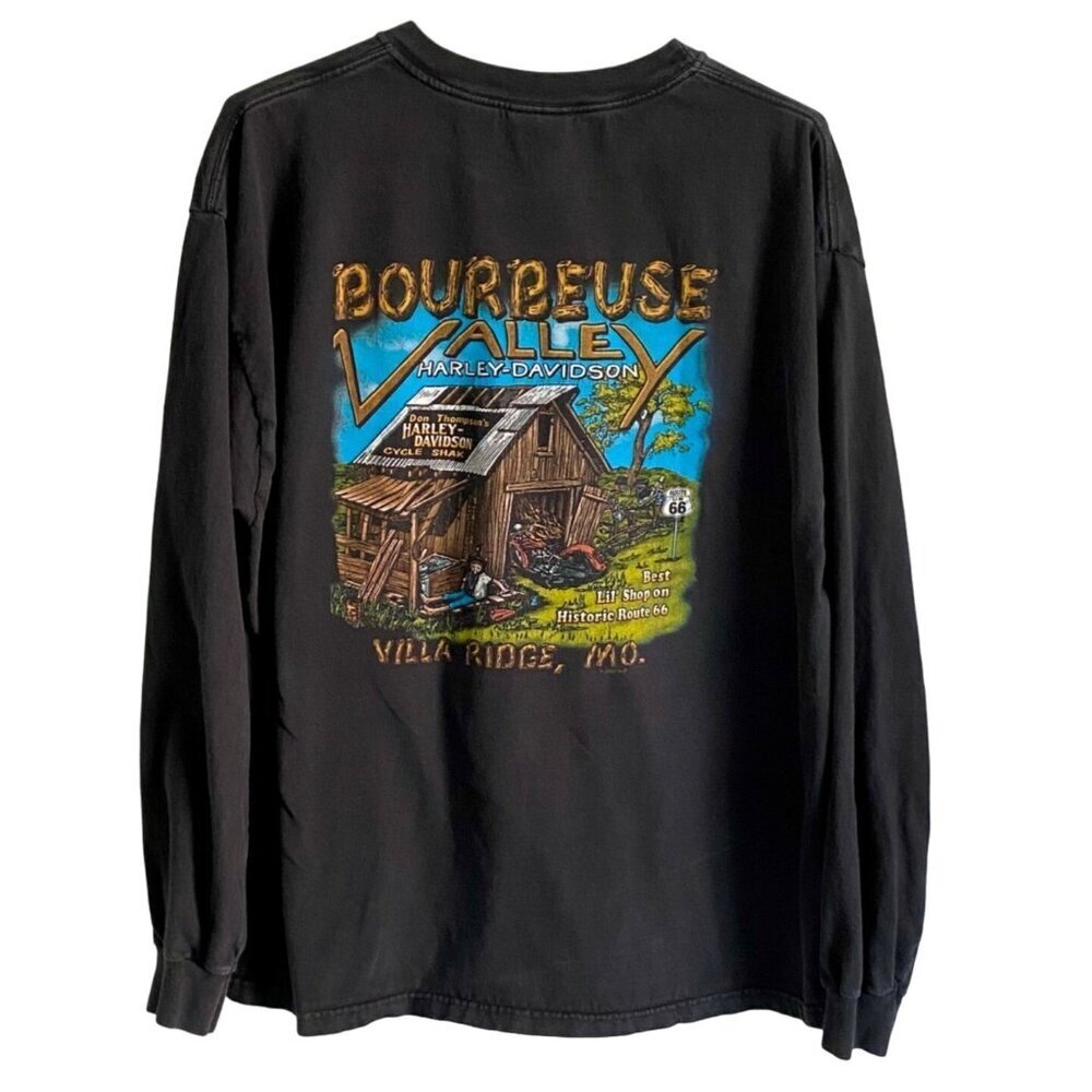 Vintage Harley Davidson Long Sleeve Tee Bourbeuse Valley Ridge Mo. Rt 66 Mens XL
